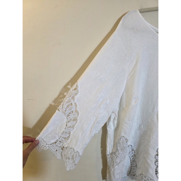 CYNTHIA ROWLEY Sz 2X White Linen Blend Battenberg Crochet Tunic Top Boho Coastal - Picture 4 of 9